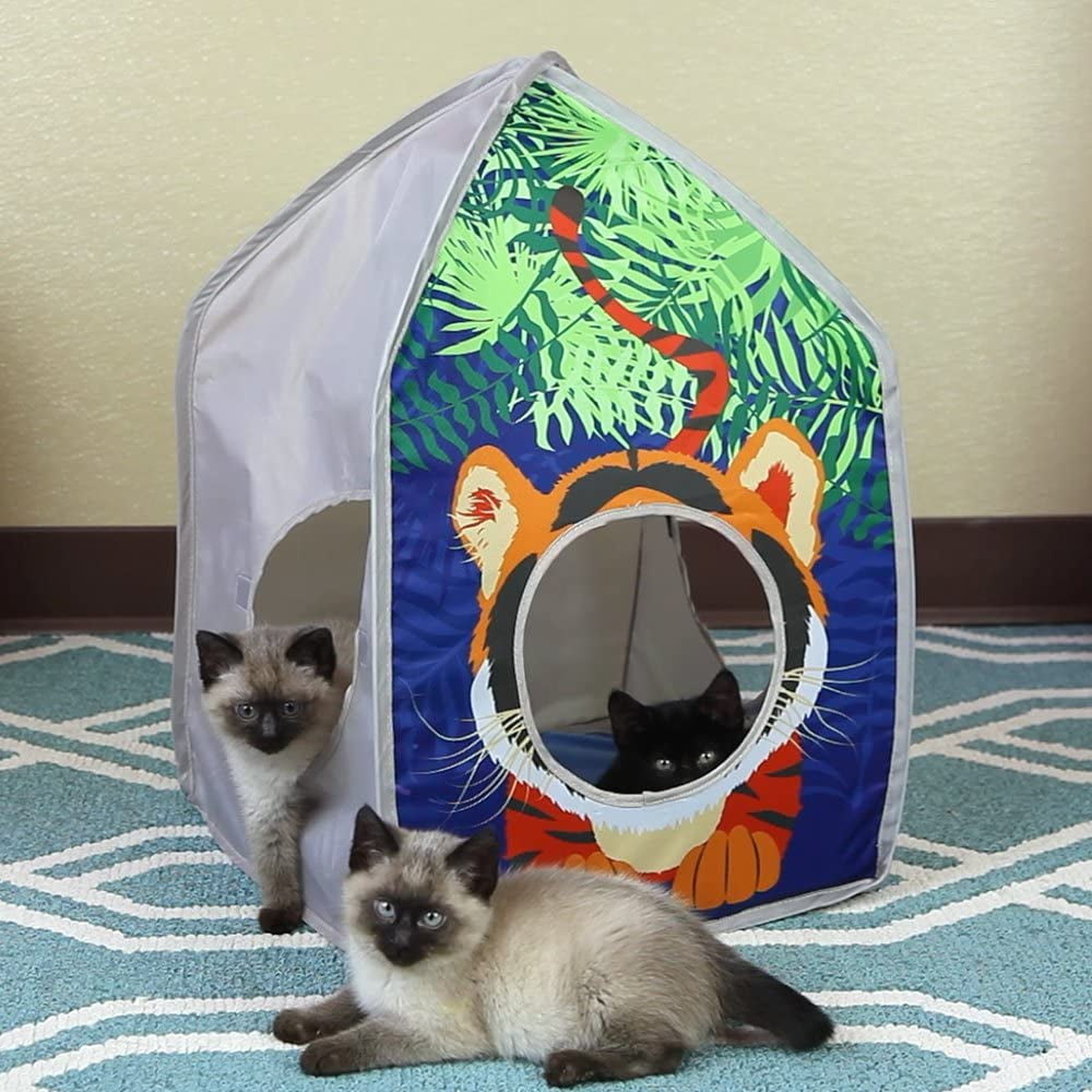 safari jungle tiger pop-up cat house, collapsible indoor cat hideout with peekaboo openings, lightweight foldable cat playhouse