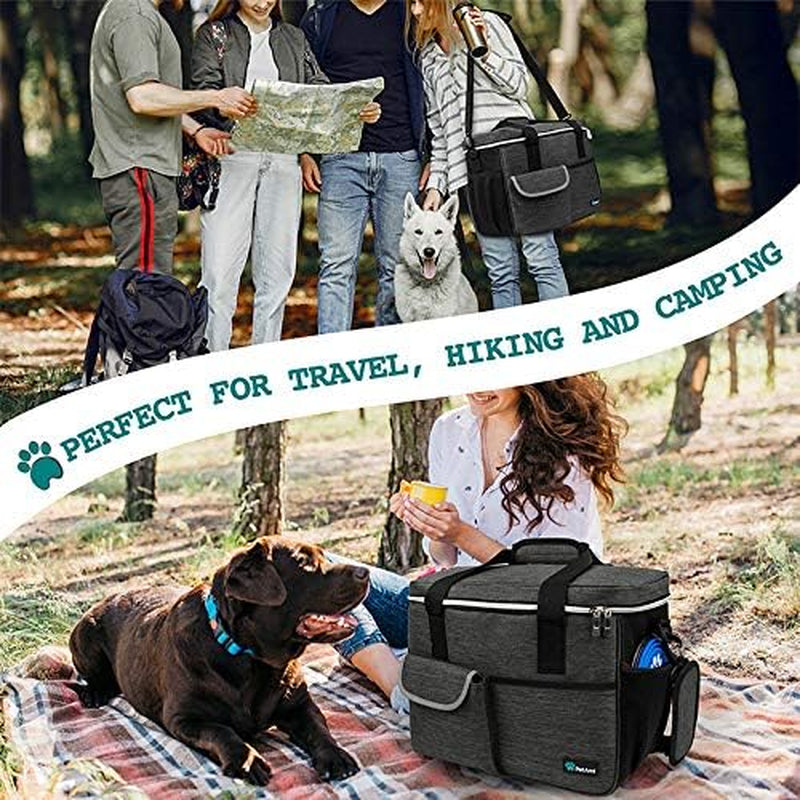 dog travel bag organizer, pet travel kit with 2 food containers & 2 collapsible dog bowls, pet supplies tote with luggage sleeve, weekend road trip camping essentials, dark gray, medium