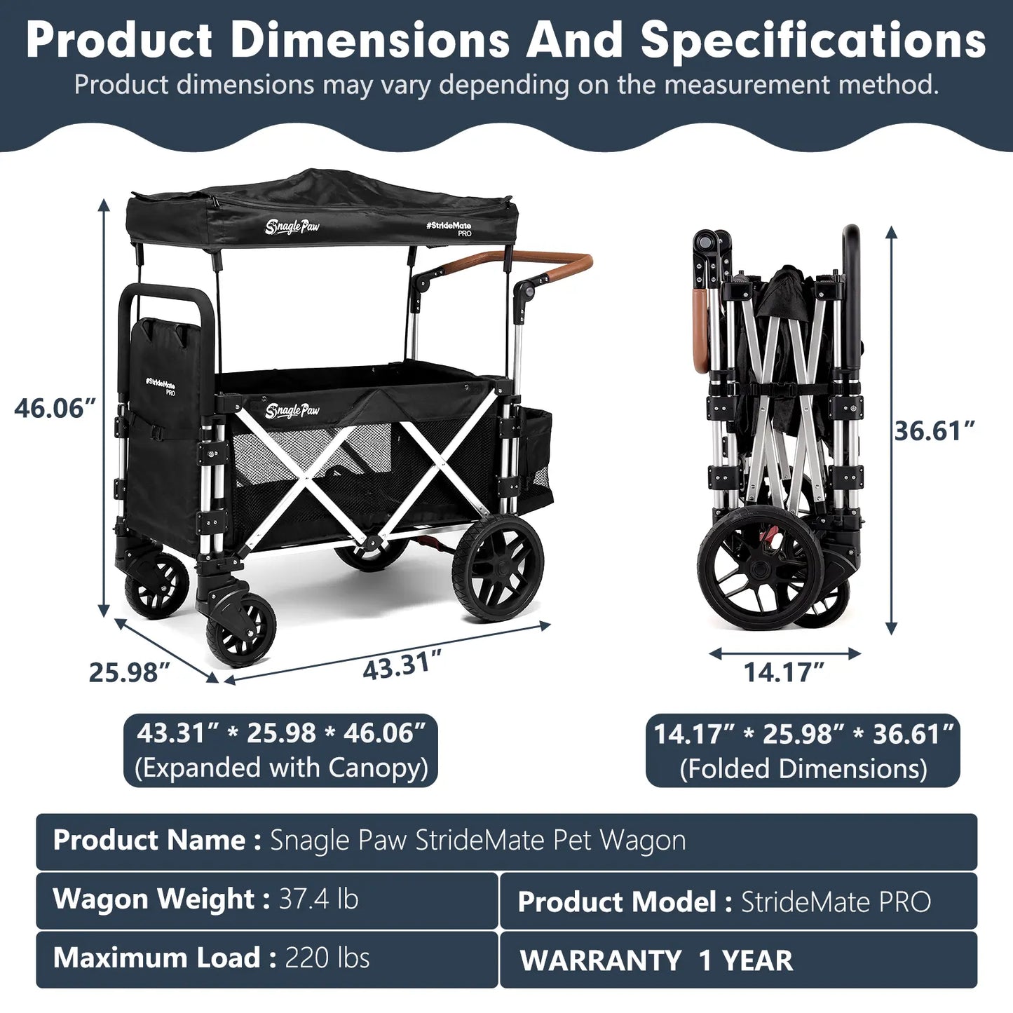snagle paw stridemate pro heavy-duty large dog stroller wagon - foldable, with phone holder, safety features, storage basket - for senior, injured & disabled pets, fits 2 dogs for outdoor adventures