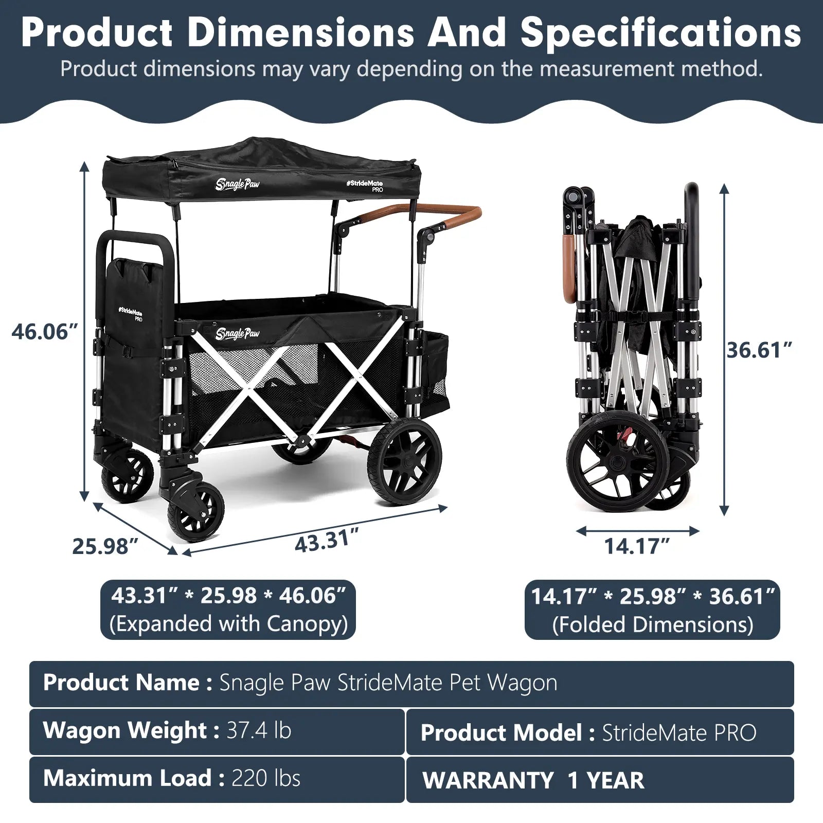 Snagle Paw Stridemate PRO Heavy-Duty Large Dog Stroller Wagon - Foldable, with Phone Holder, Safety Features, Storage Basket - for Senior, Injured & Disabled Pets, Fits 2 Dogs for Outdoor Adventures