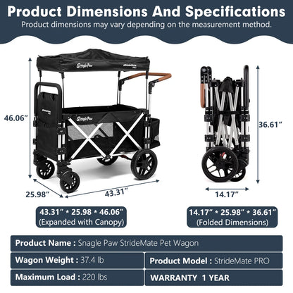 Snagle Paw Stridemate PRO Heavy-Duty Large Dog Stroller Wagon - Foldable, with Phone Holder, Safety Features, Storage Basket - for Senior, Injured & Disabled Pets, Fits 2 Dogs for Outdoor Adventures