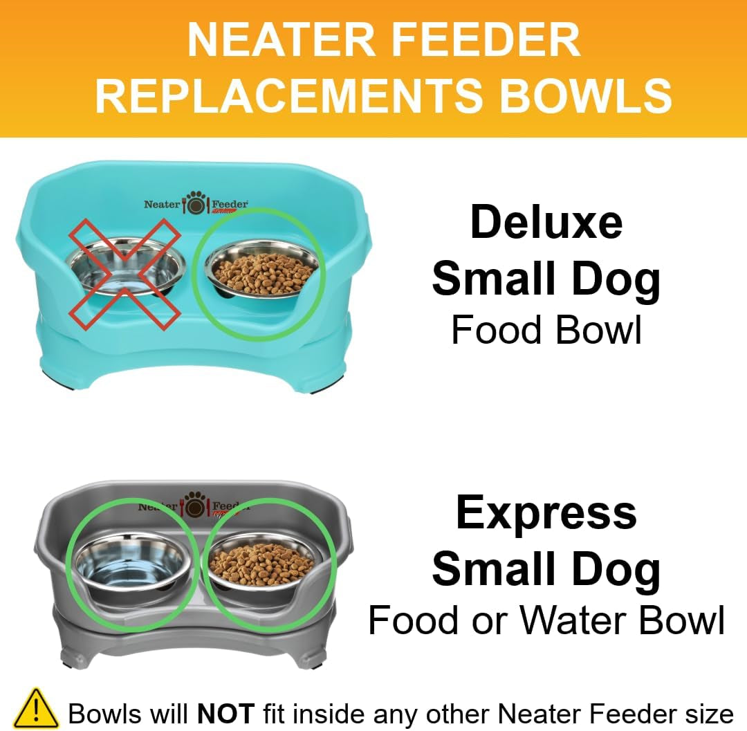 1.5 cup (12 oz.) stainless steel dog bowls, set of 2 neater feeder replacement bowls (cat/small models), dog food bowl & water bowl, dishwasher safe metal dish for cats & small dogs