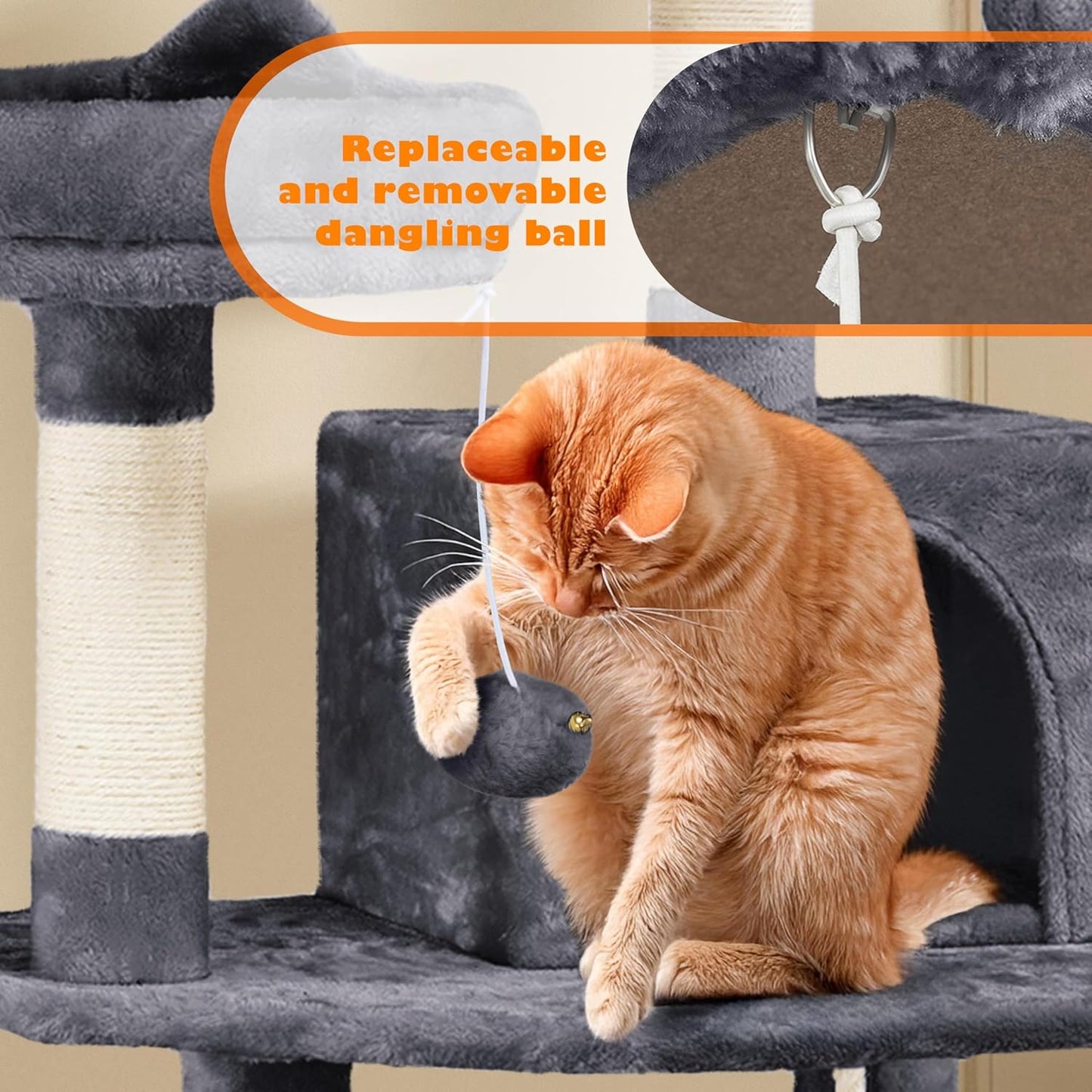 yaheetech 62.5in tall cat tree with 2 cat-ear perches & 2 condos, dark gray | multi-level cat tower with scratching posts, hammock, sturdy 24 x 19in base and 88 lb capacity for medium & large indoor cats