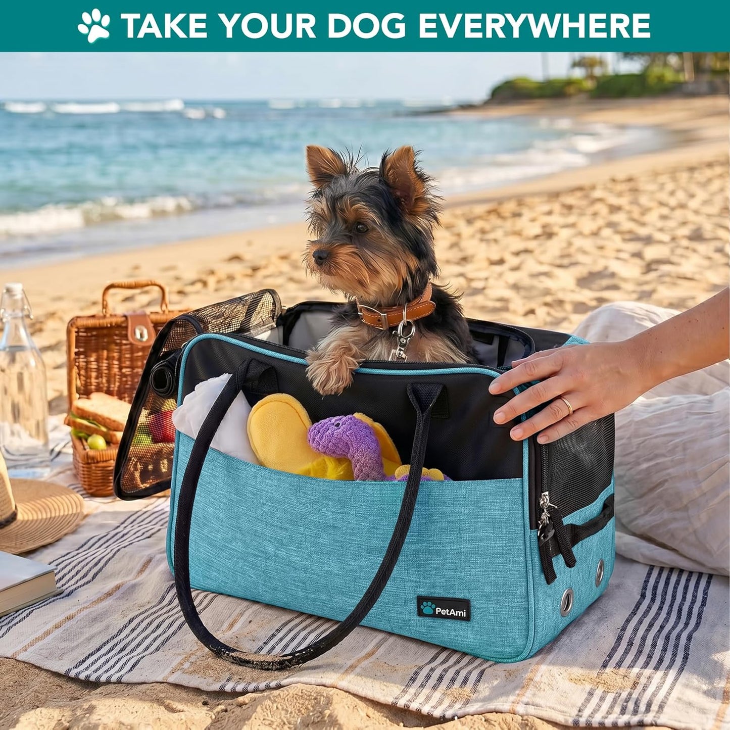 dog purse carrier for small dogs cats, tsa airline approved soft-sided pet carrier with pockets, ventilated travel tote bag with bed & shoulder strap, puppy kitten, max 12 lbs, turquoise