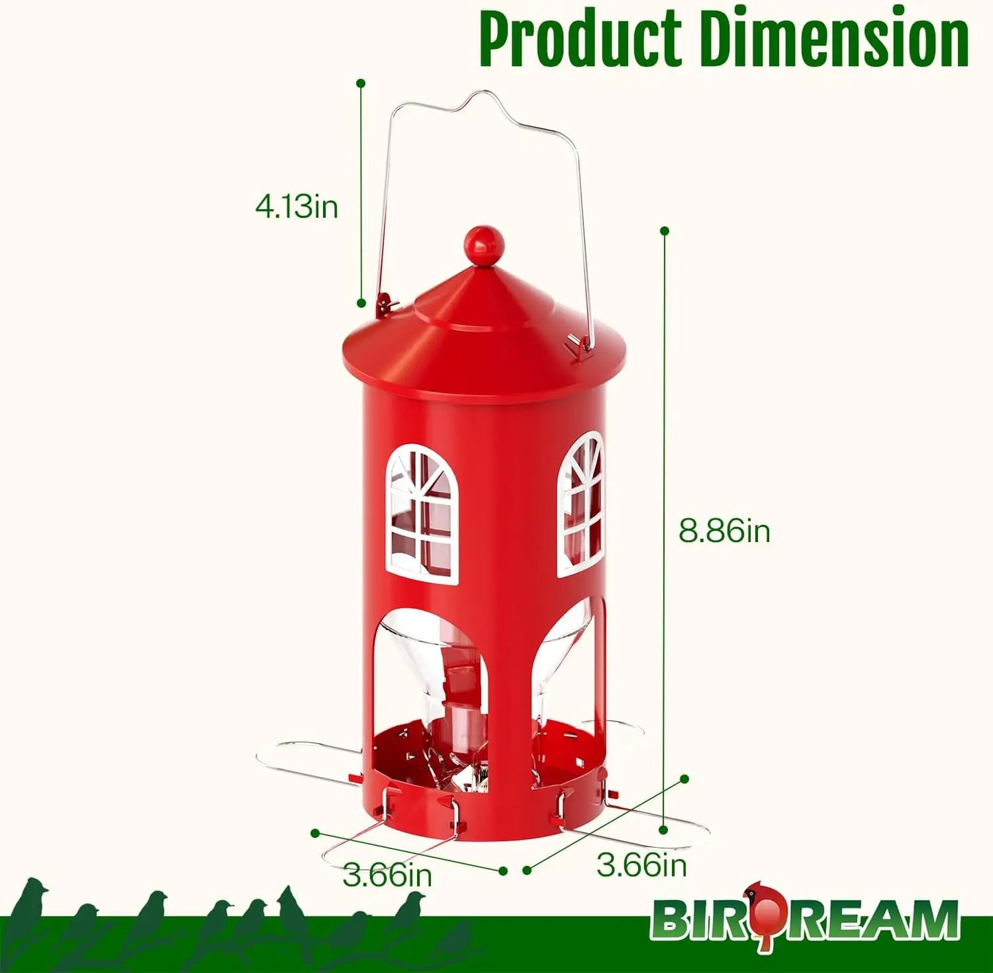 birdream metal bird feeder for outdoors hanging, small lighthouse bird feeder with clear seed tube, folding stainless steel perches, for small wild birds finches chickadees, red