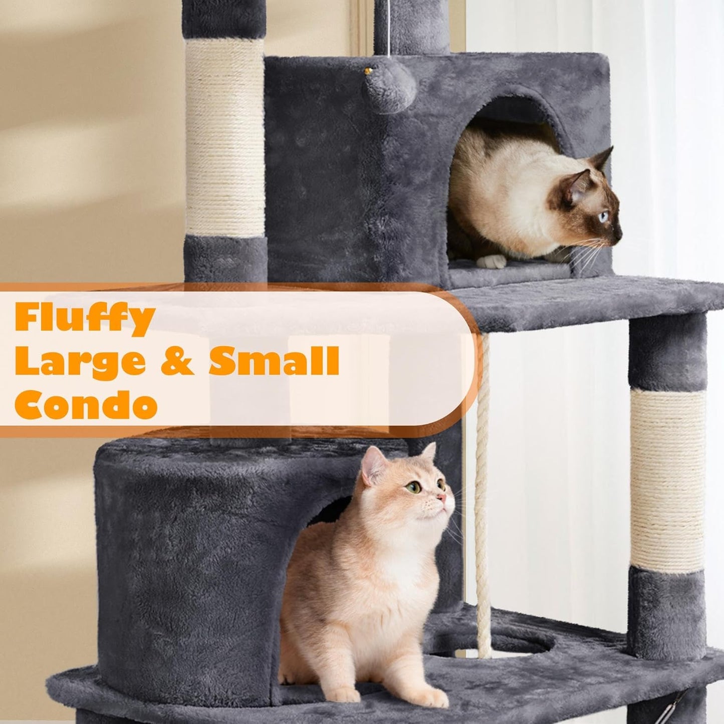 yaheetech 62.5in tall cat tree with 2 cat-ear perches & 2 condos, dark gray | multi-level cat tower with scratching posts, hammock, sturdy 24 x 19in base and 88 lb capacity for medium & large indoor cats