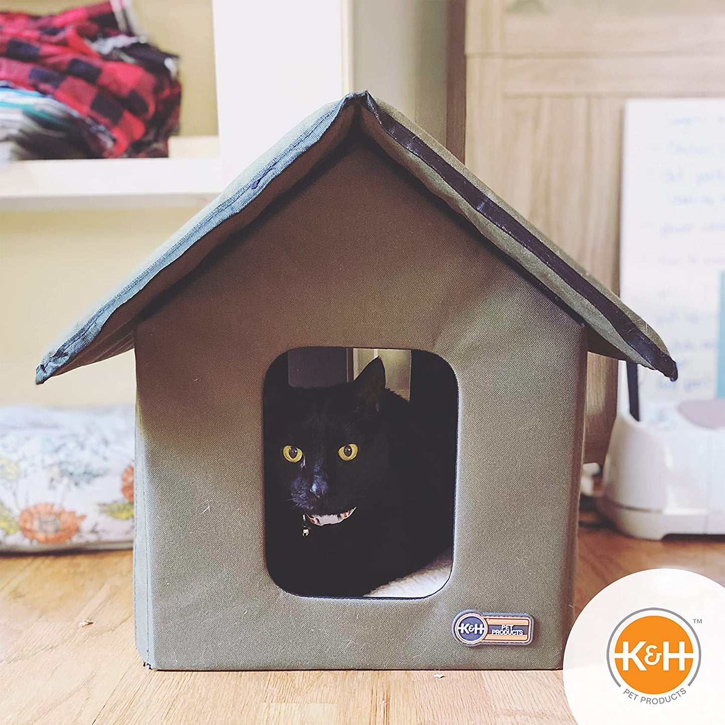 outdoor cat house for outside pets, weatherproof outdoor cat house for ferals, insulated kitty shelter, 2 doors, waterproof removable floor pad, unheated - olive/olive