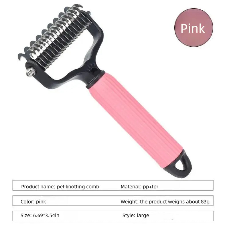 pet grooming tool, universal detangling comb for dogs, stainless steel double-sided design, effective shedding removal & matted hair tamer, practical daily dog coat maintenance supplies.