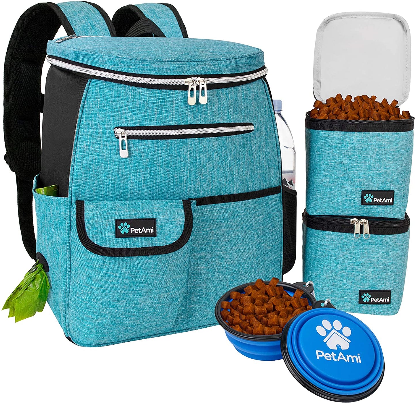 dog travel bag backpack, 27l airline approved pet supplies organizer with 2 food containers, 2 collapsible bowls & poop bag dispenser, weekend road trip camping dog mom gift, teal blue
