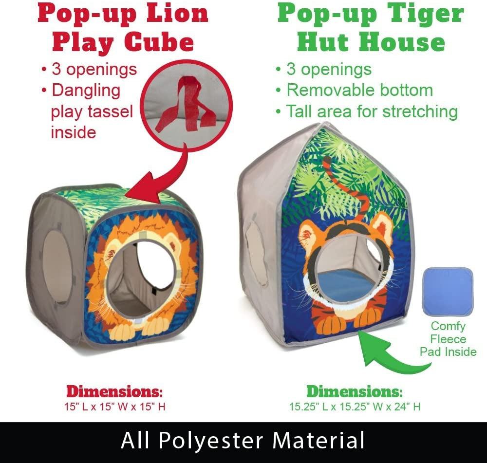 safari jungle cat play set, collapsible pop-up cat toys combo with cube, tunnel & hideout, interactive indoor kitty playhouse for exercise, hiding & lounging