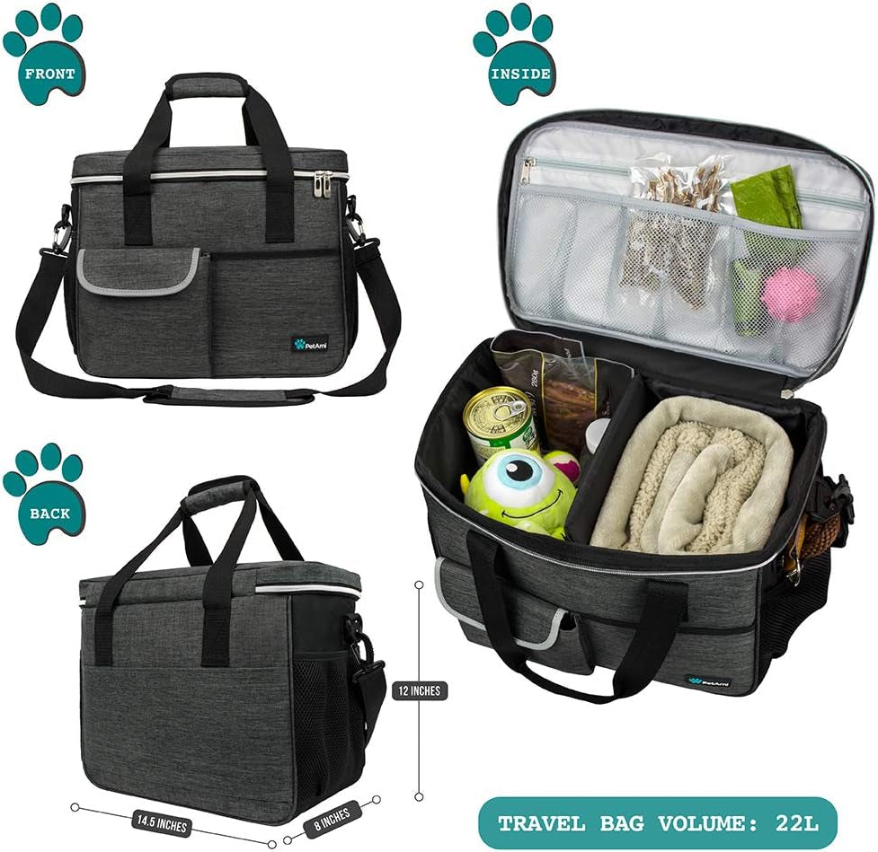 dog travel bag organizer, pet travel kit with 2 food containers & 2 collapsible dog bowls, pet supplies tote with luggage sleeve, weekend road trip camping essentials, dark gray, medium