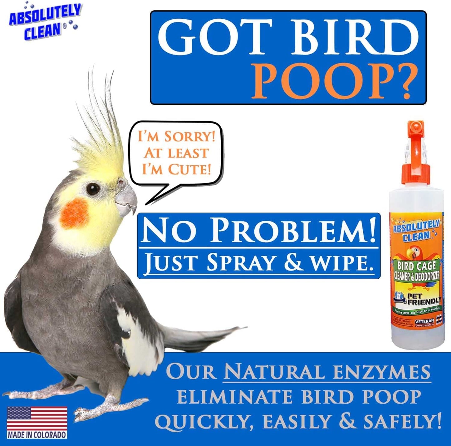 amazing bird cage cleaner and deodorizer - just spray/wipe - safely & easily removes bird messes quickly and easily - usa made - fragrance free (4x concentrate - 16oz makes 64oz)