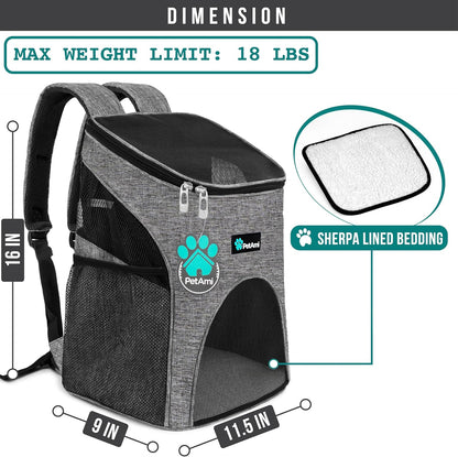 Cat Backpack Carrier, Airline Approved Pet Carrier Backpack for Small Dogs and Large Cats, Soft Sided Collapsible Ventilated with Sherpa Bed for Hiking Travel, Max 18 Lbs, Heather Gray