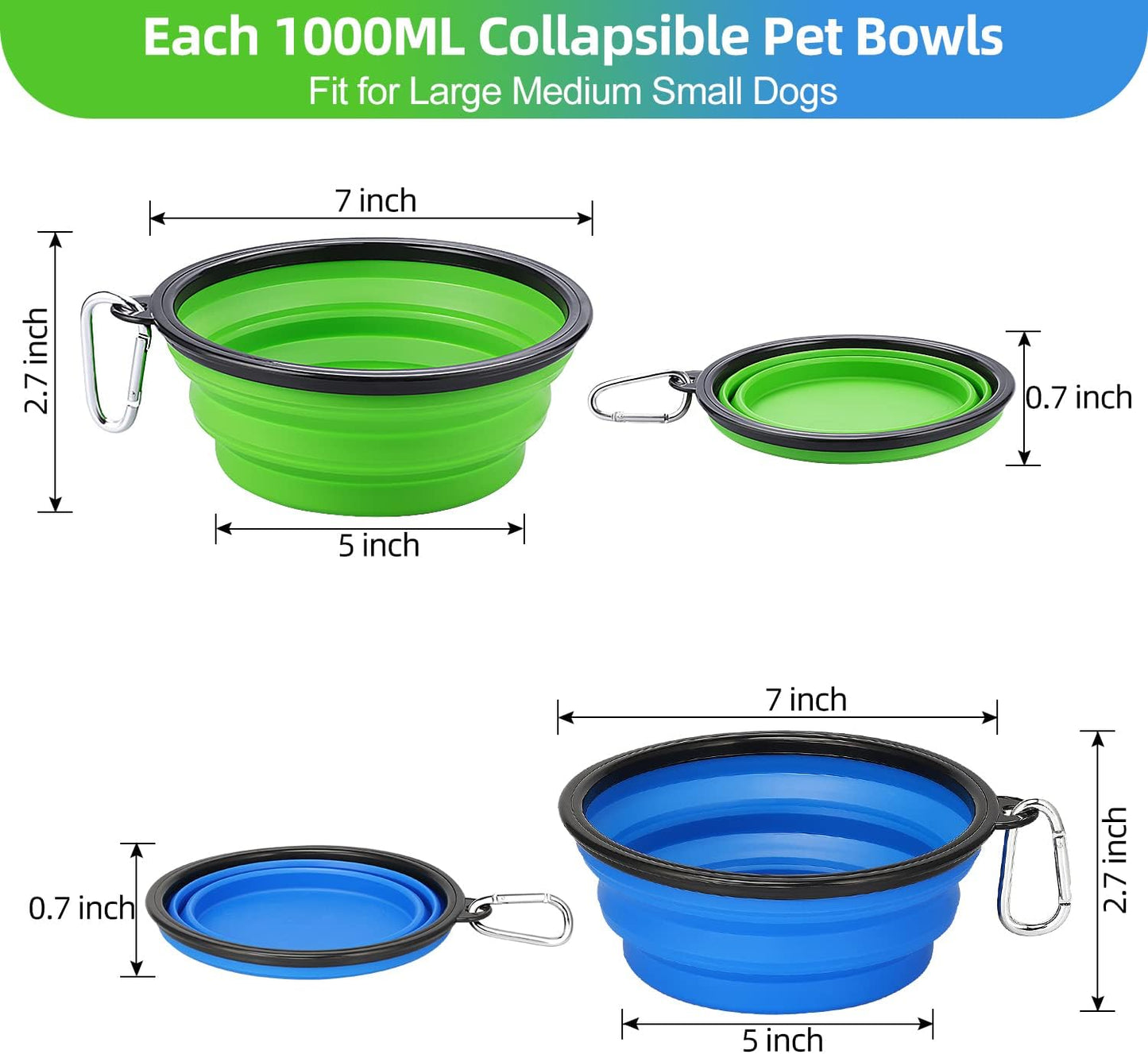 large collapsible dog bowls 2 pack, 34oz foldable dog travel bowl, portable pet water food bowl with clasp, pet cat feeding cup dish for traveling, walking, hiking (blue+green)