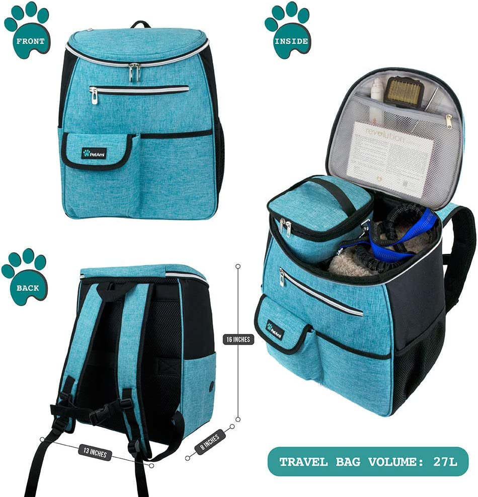 dog travel bag backpack, 27l airline approved pet supplies organizer with 2 food containers, 2 collapsible bowls & poop bag dispenser, weekend road trip camping dog mom gift, teal blue