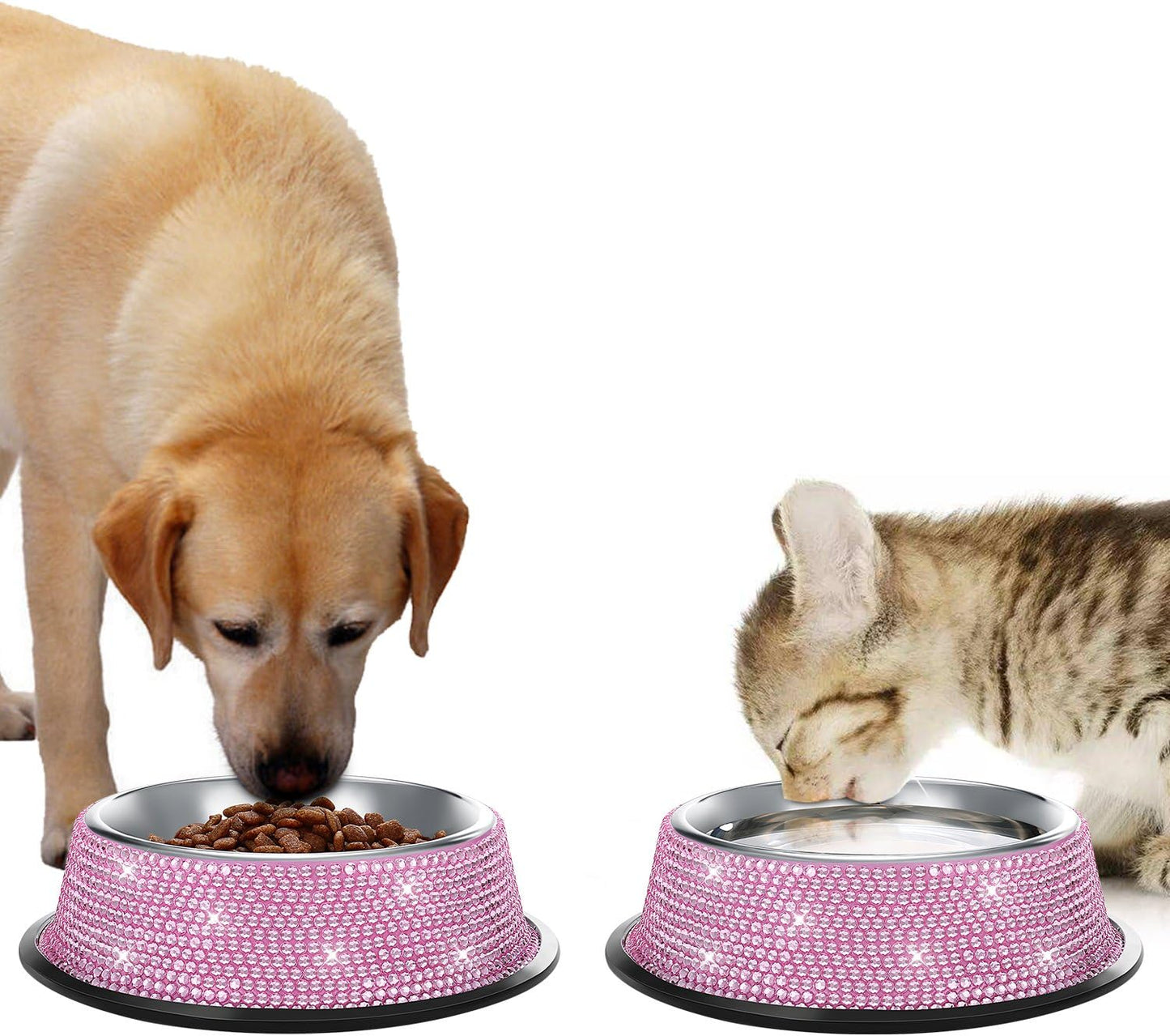 bling dog bowls pink, 640ml handmade bling rhinestones stainless steel pet bowls double food water feeder for puppy cats dogs - set of 2