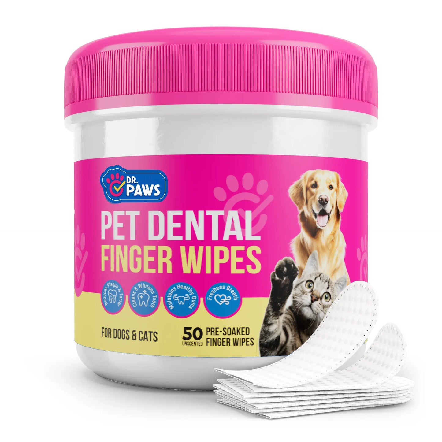 dr. paws: pet care finger wipes for dogs & cats – dental cleaning, ear cleaner & eye care wipes | removes plaque, bad breath, tear stains & ear wax | hypoallergenic no-rinse grooming wipes