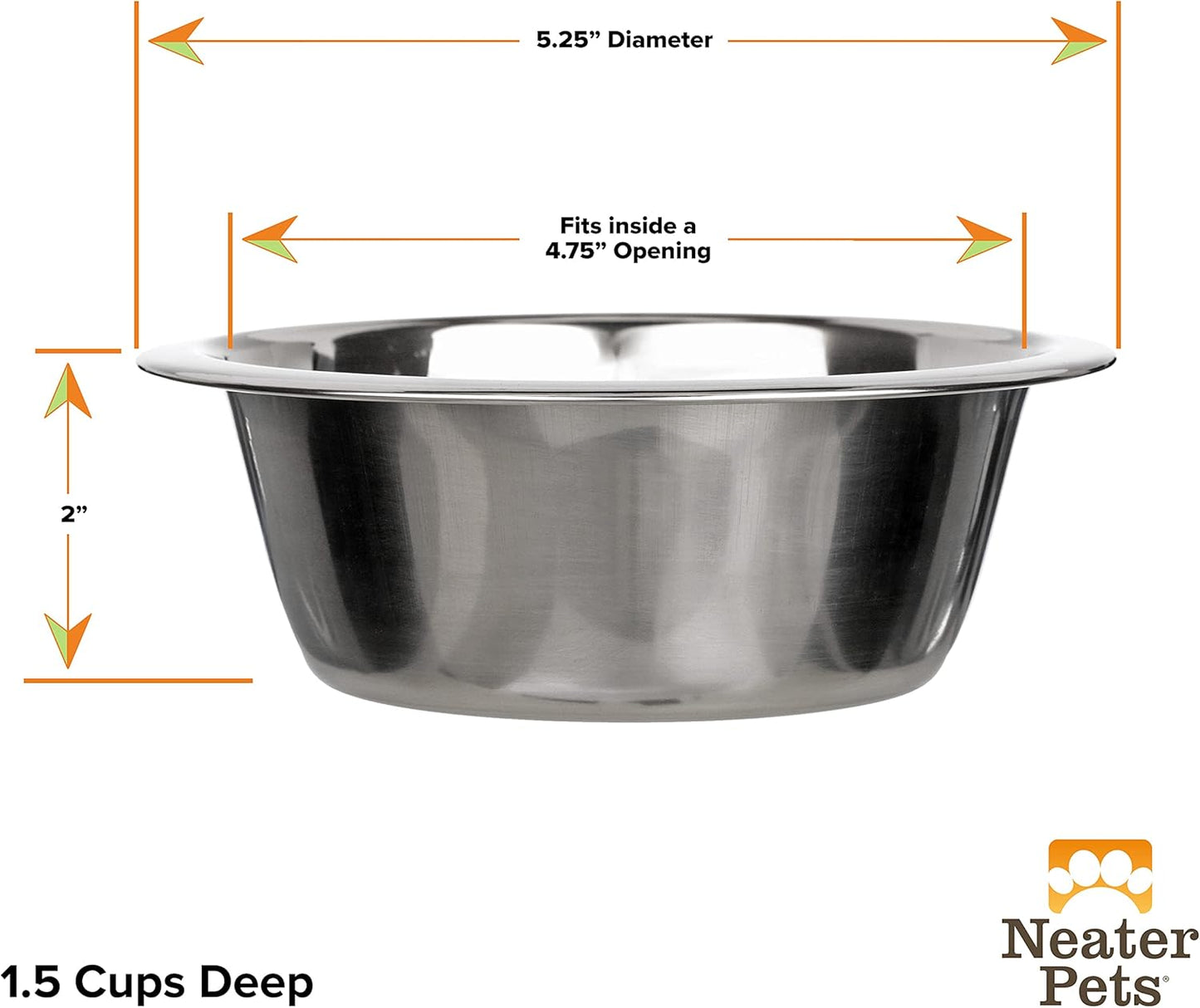 1.5 cup (12 oz.) stainless steel dog bowls, set of 2 neater feeder replacement bowls (cat/small models), dog food bowl & water bowl, dishwasher safe metal dish for cats & small dogs