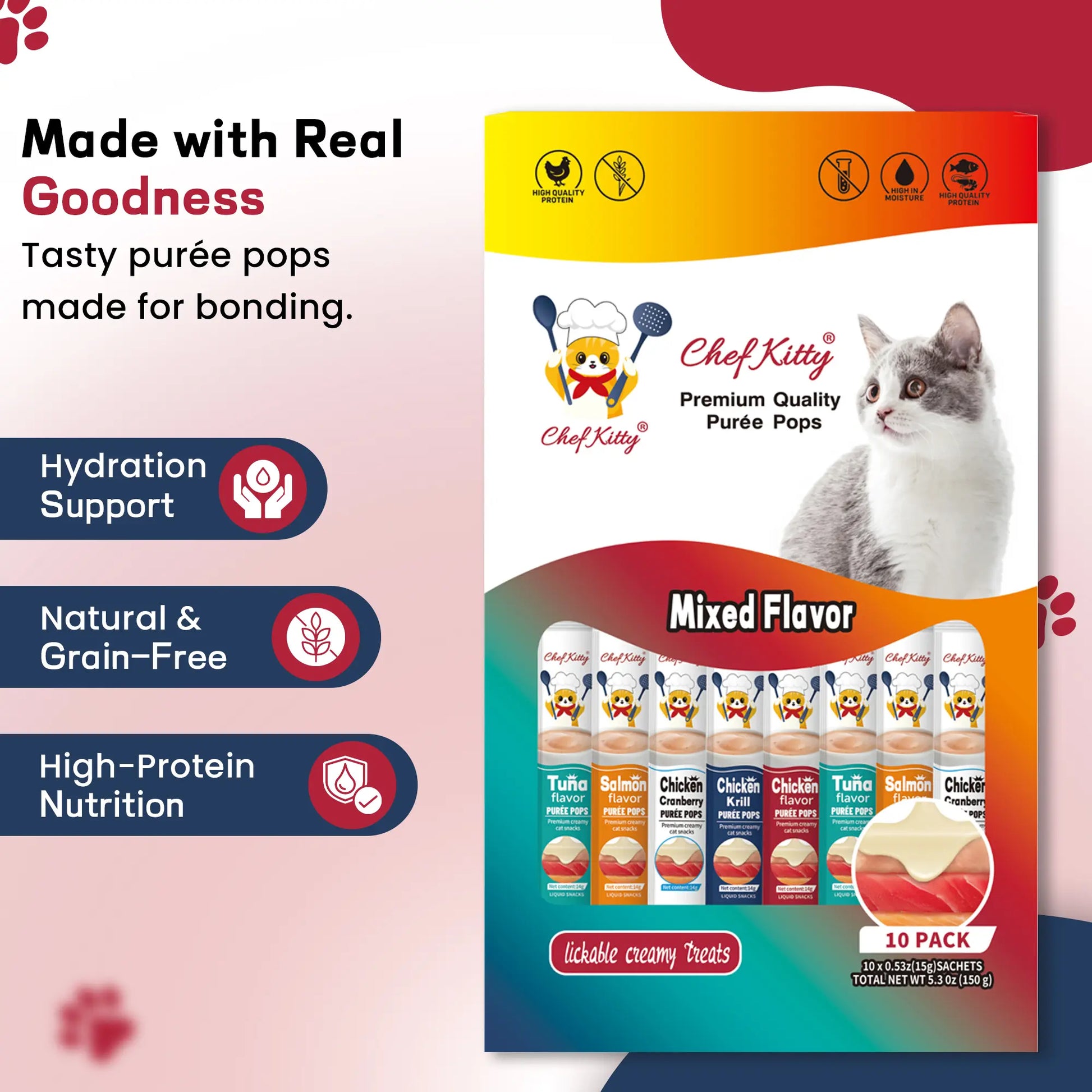 Cat Treats Lickable | Grain-Free Cat Food Toppers, High Protein | Creamy Puree Squeeze Ups with Vitamin E & Taurine, Digestible Formula | 0.5 Oz. Each Tube | 10 Tubes