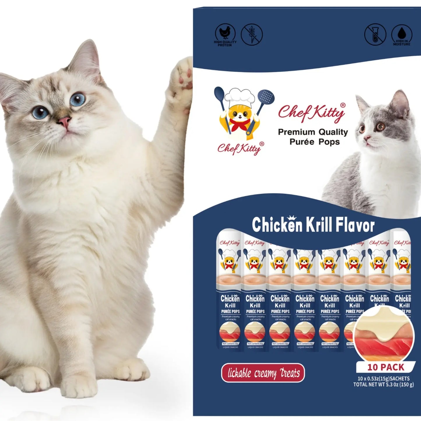 cat treats lickable | grain-free cat food toppers, high protein | creamy puree squeeze ups with vitamin e & taurine, digestible formula | 0.5 oz. each tube | 10 tubes