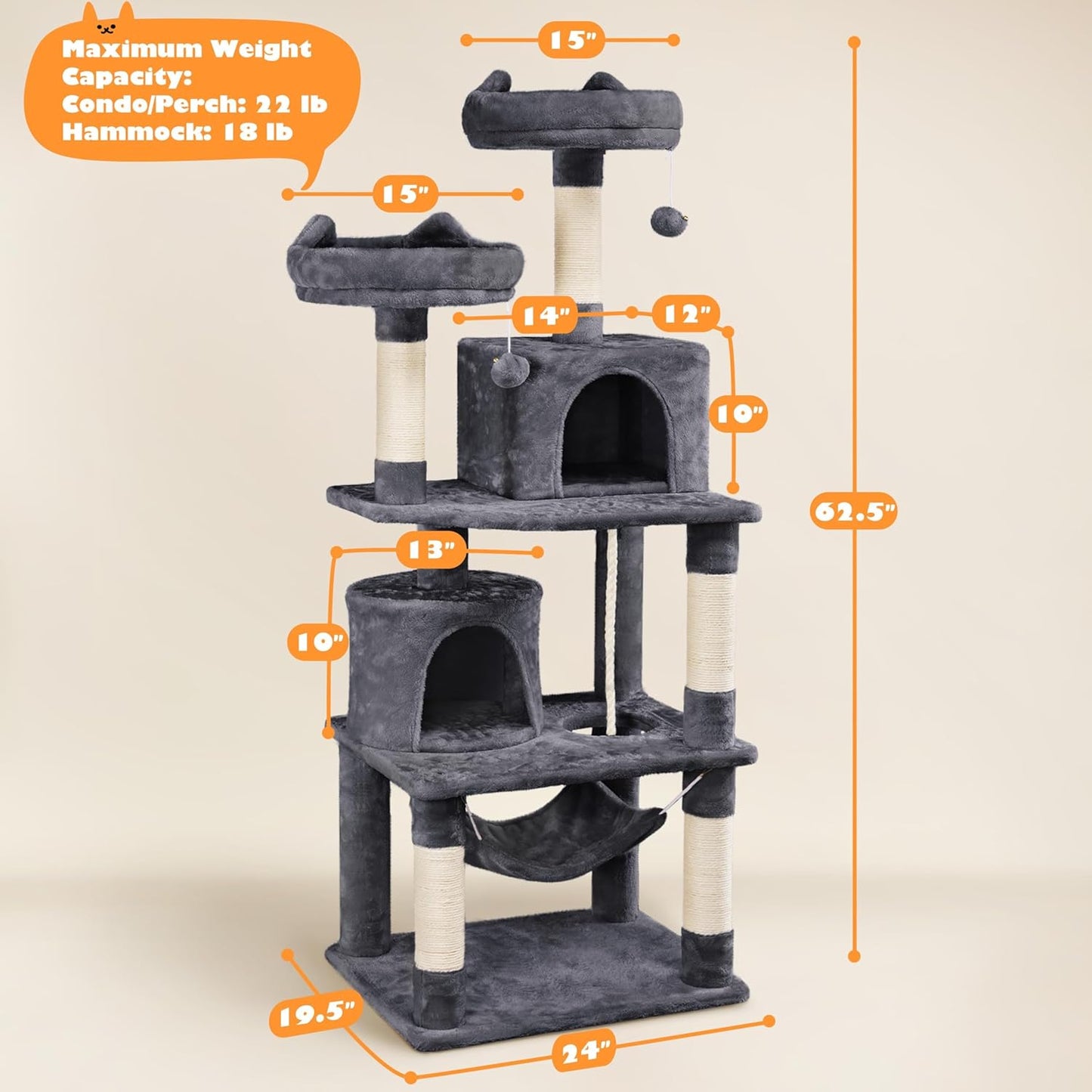 yaheetech 62.5in tall cat tree with 2 cat-ear perches & 2 condos, dark gray | multi-level cat tower with scratching posts, hammock, sturdy 24 x 19in base and 88 lb capacity for medium & large indoor cats