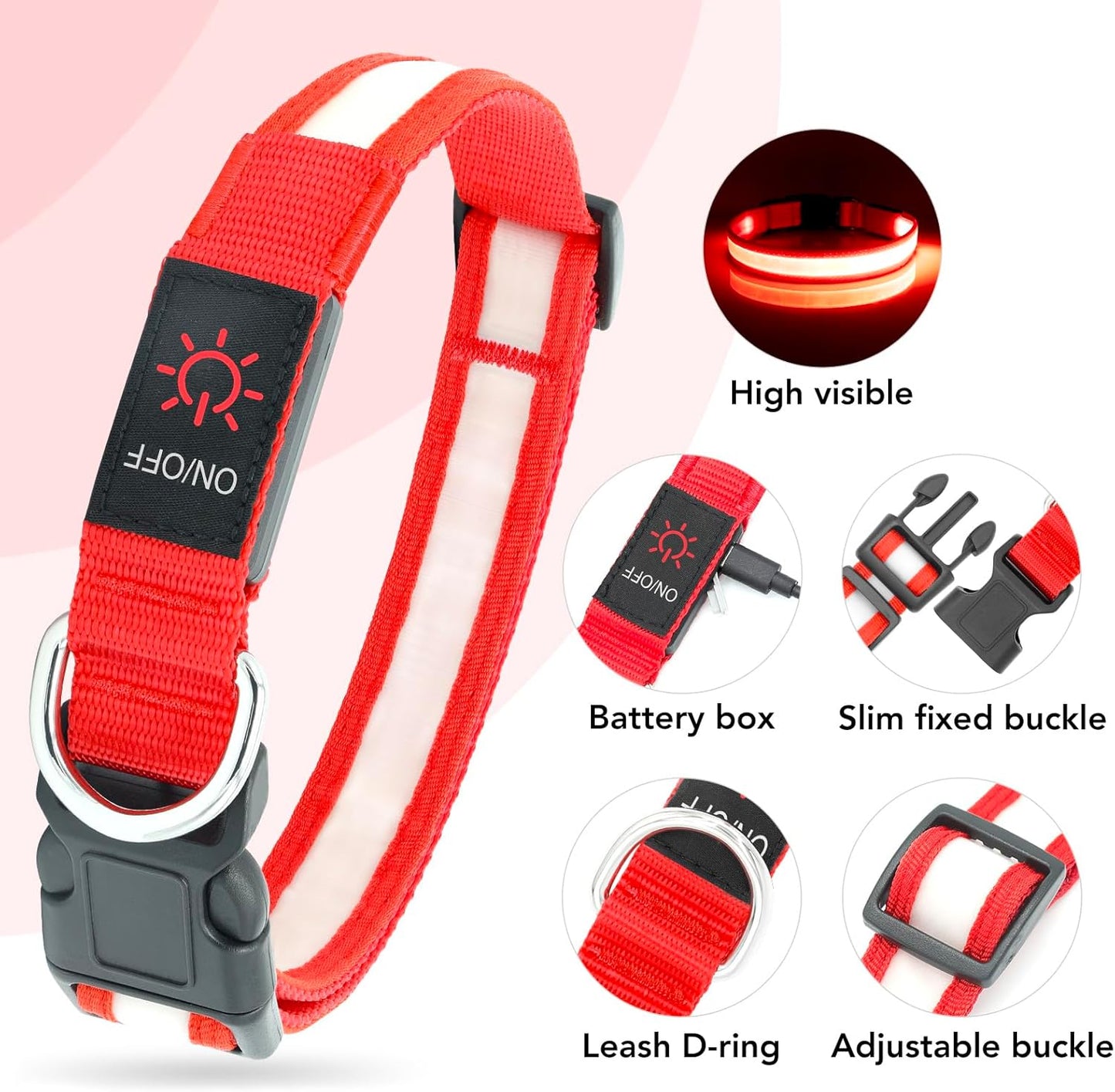 led dog collar, light up dog collar adjustable usb rechargeable super bright safety light glowing collars for dogs(medium,red)