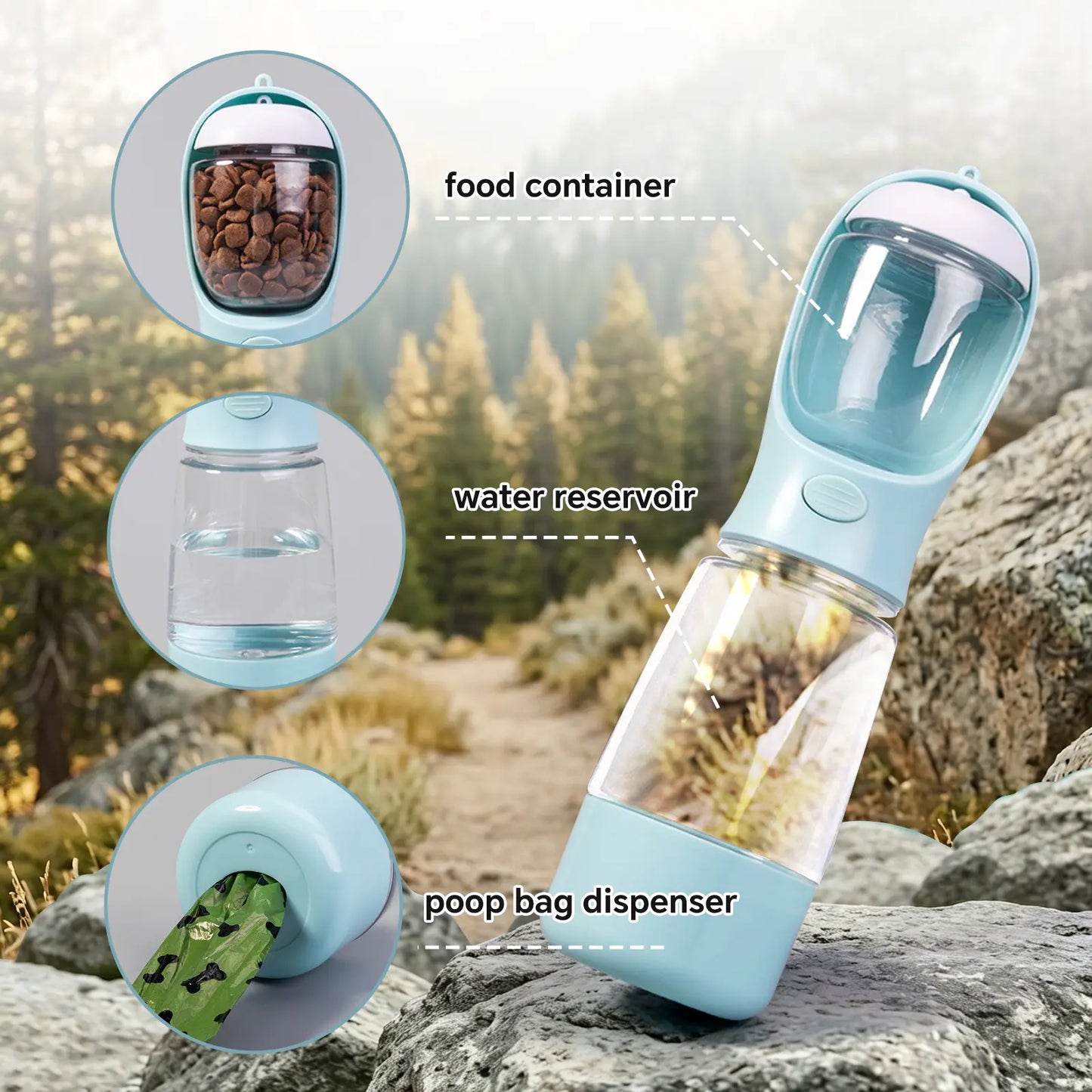 portable 3-in-1 dog water bottle, with 2 rolls waste bags (30 pcs total), food container & built-in poop bag dispenser (29cm x 7.5cm/11.42in x 2.95in) - leak-proof travel dog cup for walking, hiking, with 2 rolls waste bags (30 pcs total)