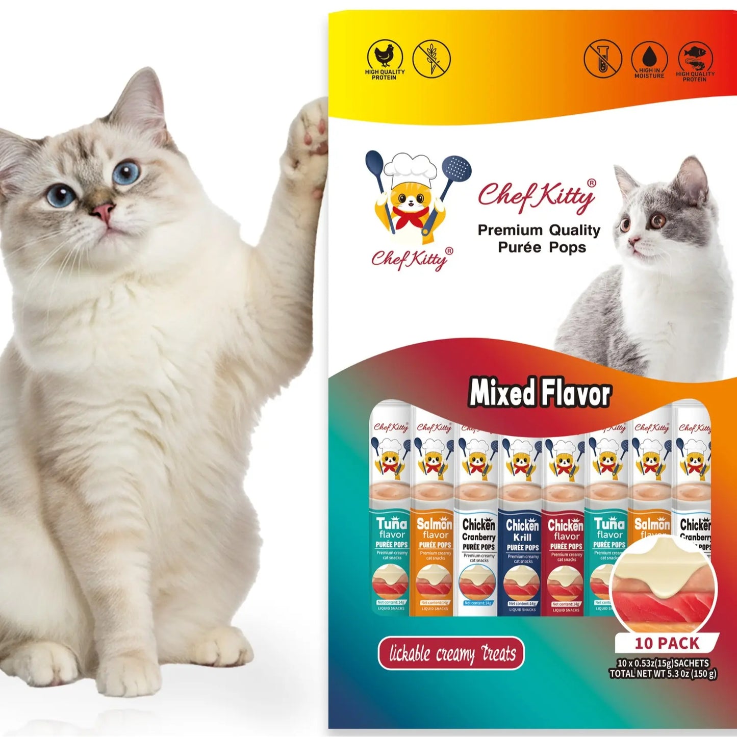 cat treats lickable | grain-free cat food toppers, high protein | creamy puree squeeze ups with vitamin e & taurine, digestible formula | 0.5 oz. each tube | 10 tubes
