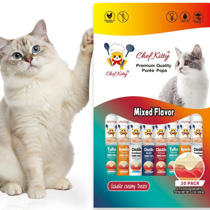 Cat Treats Lickable | Grain-Free Cat Food Toppers, High Protein | Creamy Puree Squeeze Ups with Vitamin E & Taurine, Digestible Formula | 0.5 Oz. Each Tube | 10 Tubes