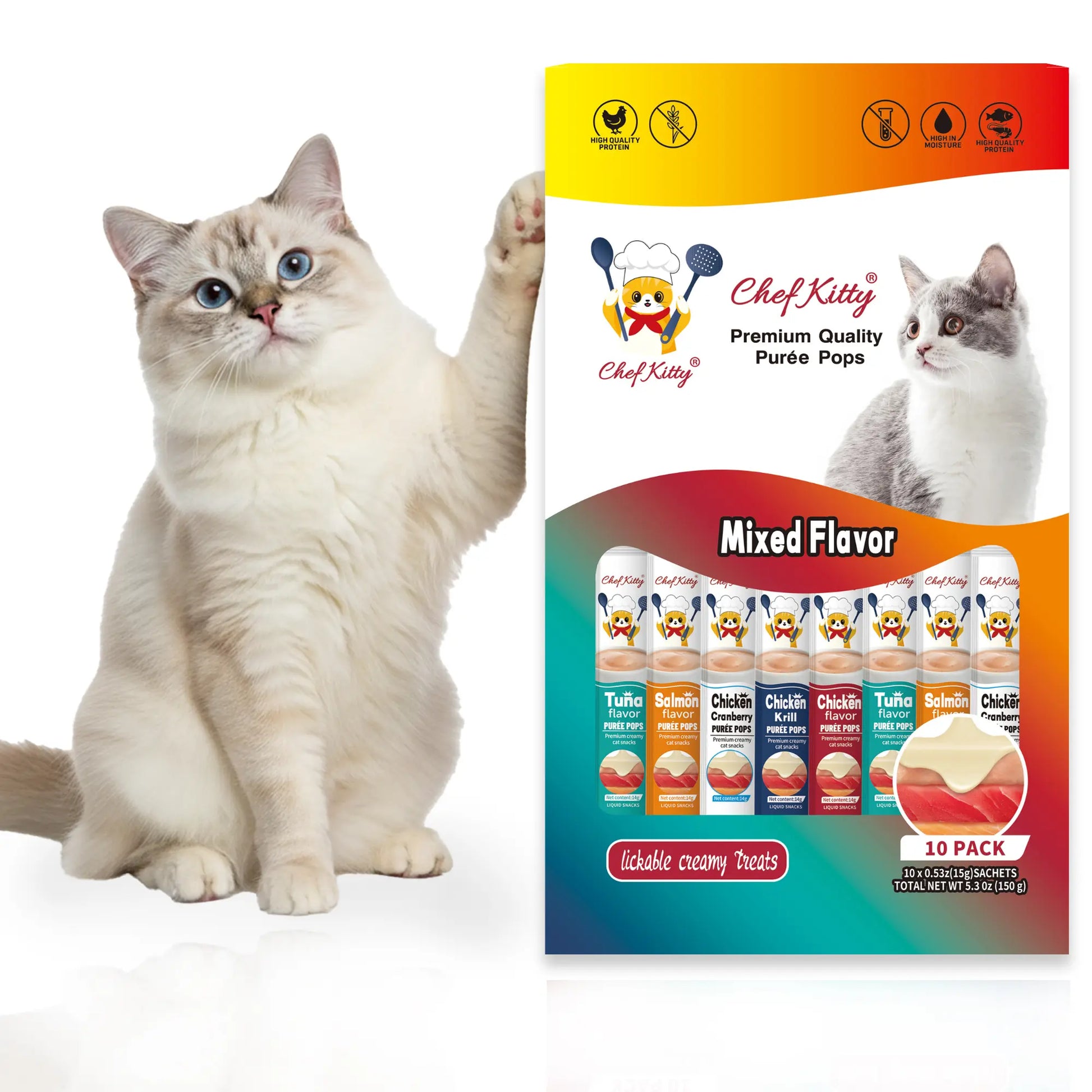 Cat Treats Lickable | Grain-Free Cat Food Toppers, High Protein | Creamy Puree Squeeze Ups with Vitamin E & Taurine, Digestible Formula | 0.5 Oz. Each Tube | 10 Tubes