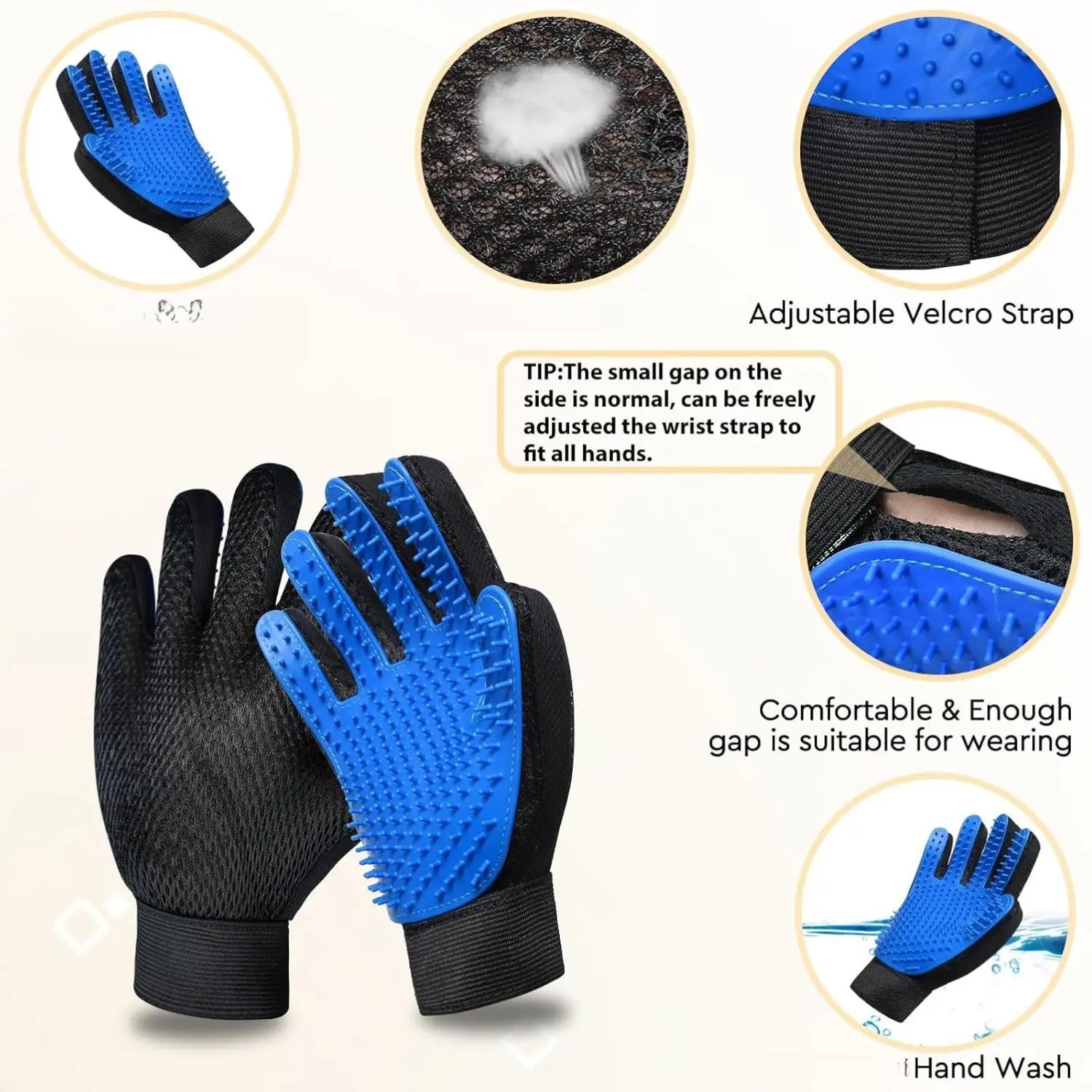 Universal 1-Size Cat Grooming Glove Brush - 259 Silicone Tips, Gentle Grooming Pet Hair Remover Tool for Dogs & Cats, Eco-Friendly, High Efficiency, Breathable Mesh Design, Adjustable Wrist Strap, Machine Washable, One Size, Reptiles