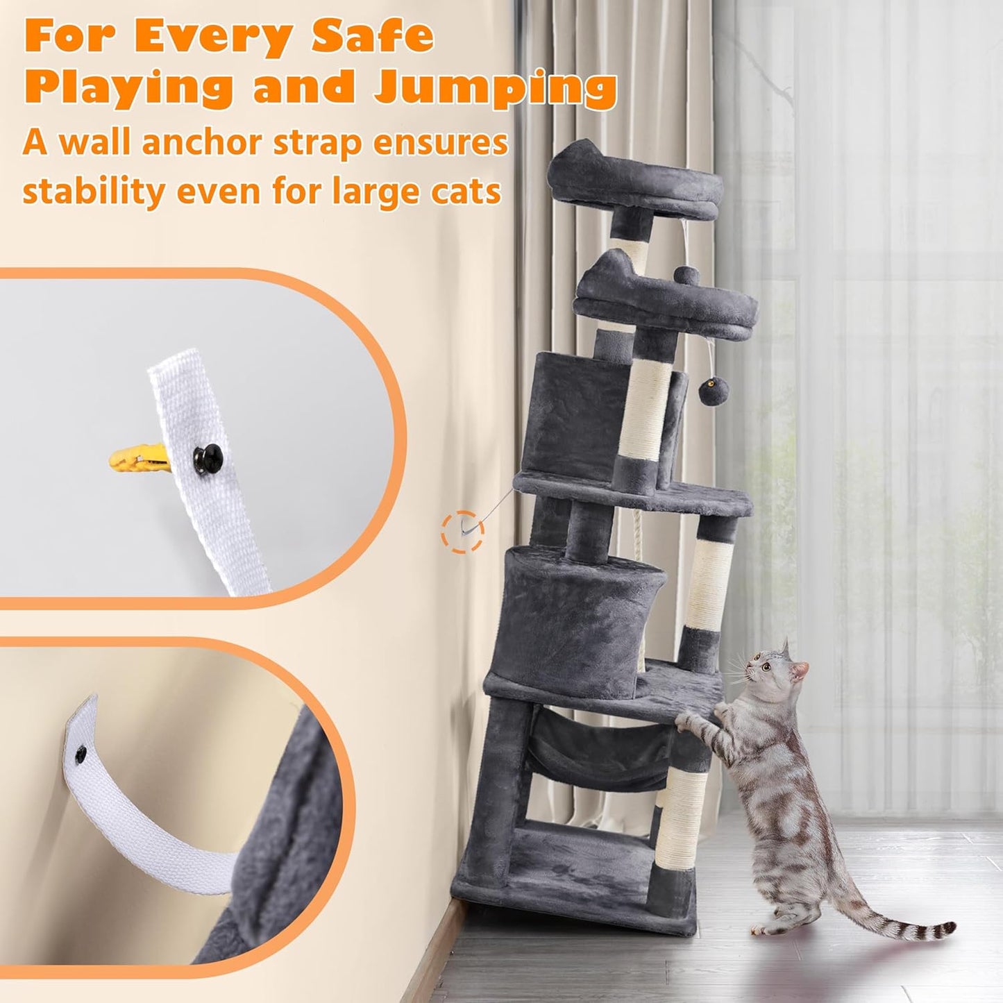 yaheetech 62.5in tall cat tree with 2 cat-ear perches & 2 condos, dark gray | multi-level cat tower with scratching posts, hammock, sturdy 24 x 19in base and 88 lb capacity for medium & large indoor cats