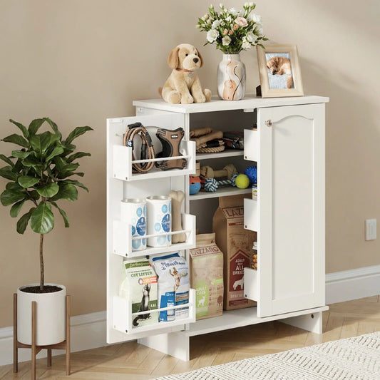 White Wood Dog Feeding Station Cupboard - 11.8"D X 23.6"W X 32.2"H, 160Lbs Capacity, Hidden Bowls, Adjustable Panel, Hooks, Dual Door-Hung Shelves, Food Storage for Medium-Sized Pets (Indoor Living Room Home Decor)