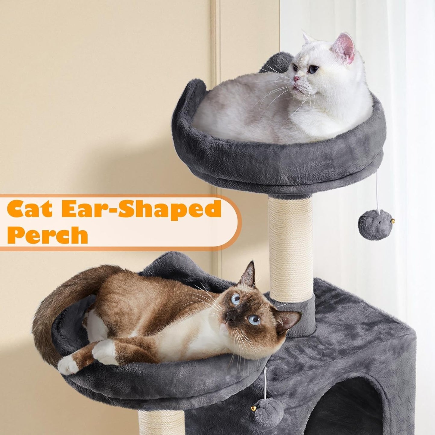 yaheetech 62.5in tall cat tree with 2 cat-ear perches & 2 condos, dark gray | multi-level cat tower with scratching posts, hammock, sturdy 24 x 19in base and 88 lb capacity for medium & large indoor cats