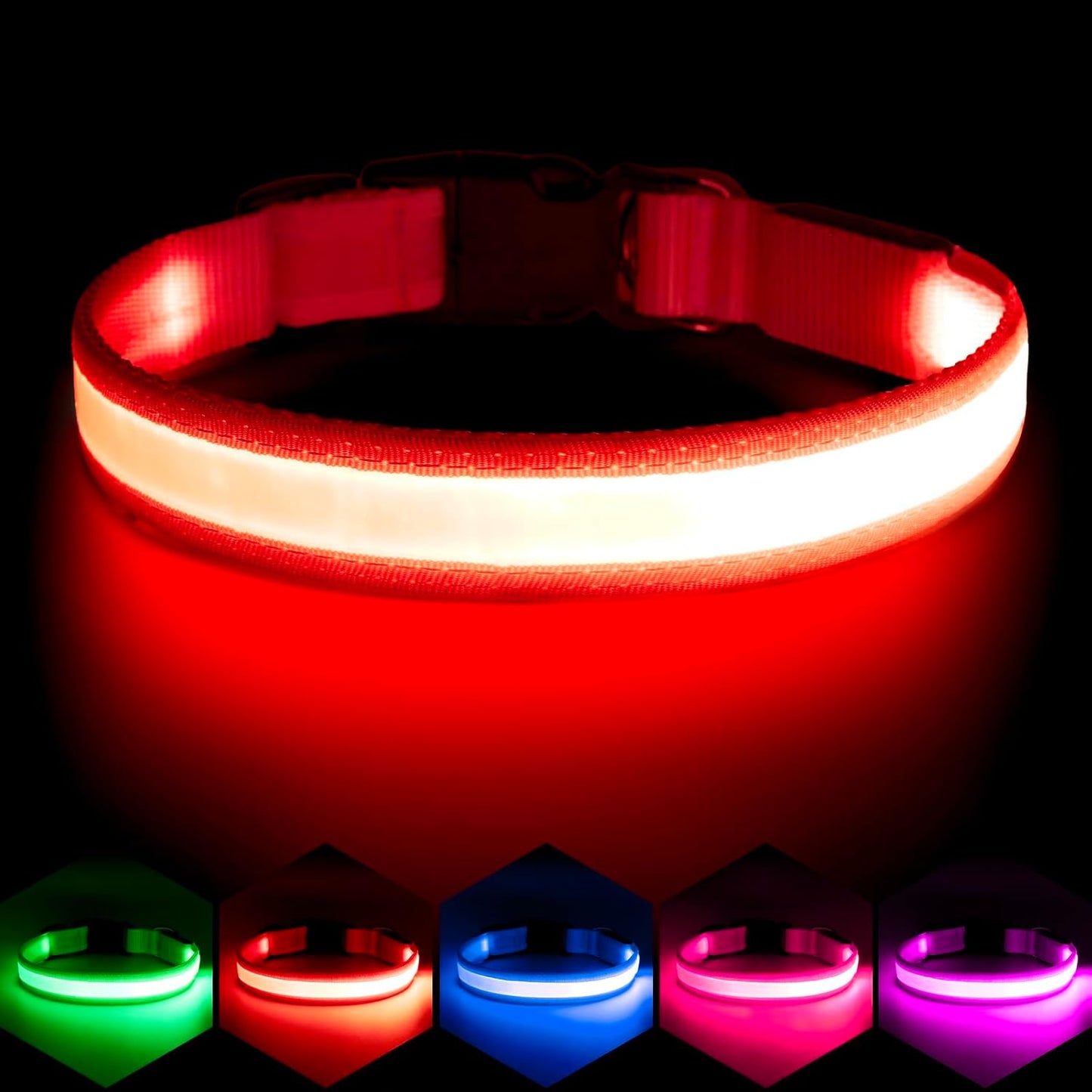 led dog collar, light up dog collar adjustable usb rechargeable super bright safety light glowing collars for dogs(medium,red)