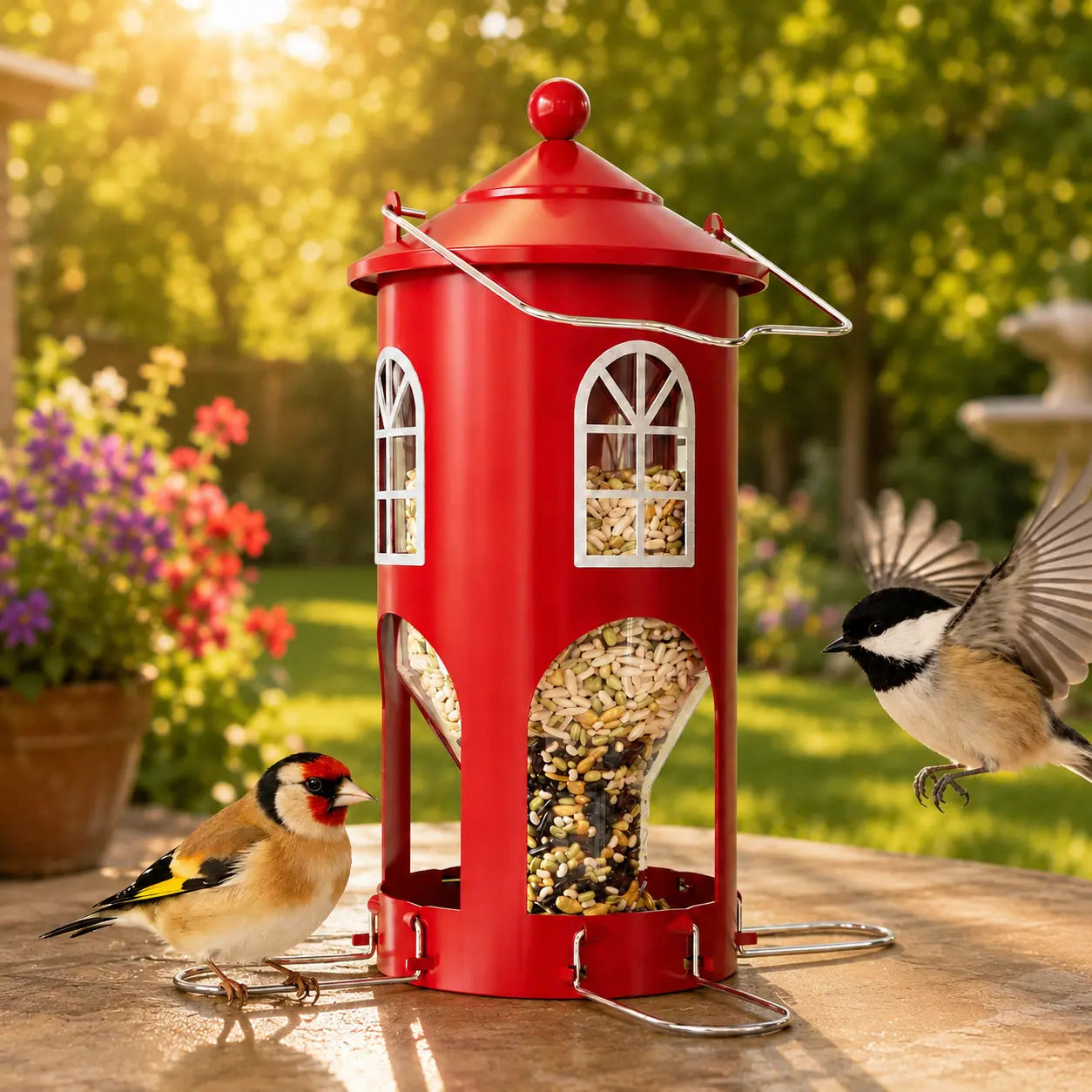 birdream metal bird feeder for outdoors hanging, small lighthouse bird feeder with clear seed tube, folding stainless steel perches, for small wild birds finches chickadees, red