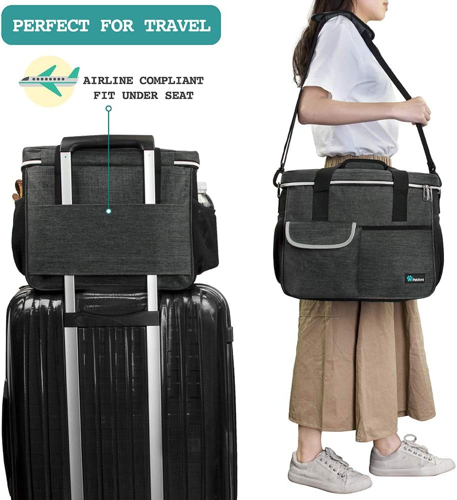 dog travel bag organizer, pet travel kit with 2 food containers & 2 collapsible dog bowls, pet supplies tote with luggage sleeve, weekend road trip camping essentials, dark gray, medium