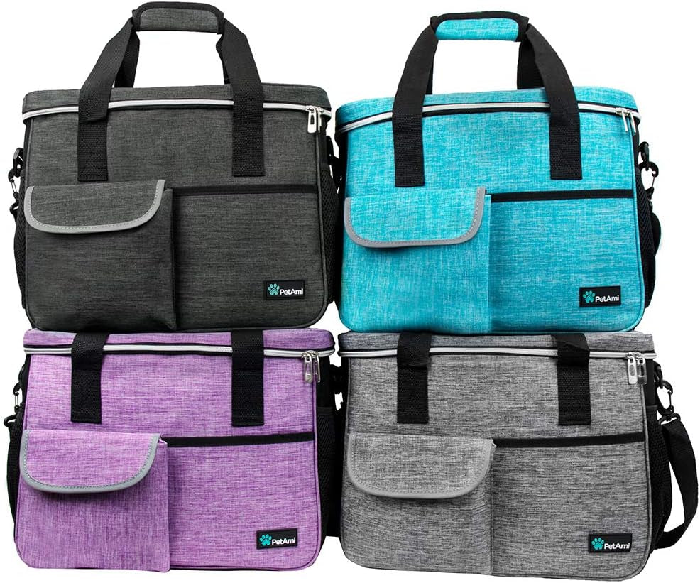 dog travel bag organizer, pet travel kit with 2 food containers & 2 collapsible dog bowls, pet supplies tote with luggage sleeve, weekend road trip camping essentials, dark gray, medium