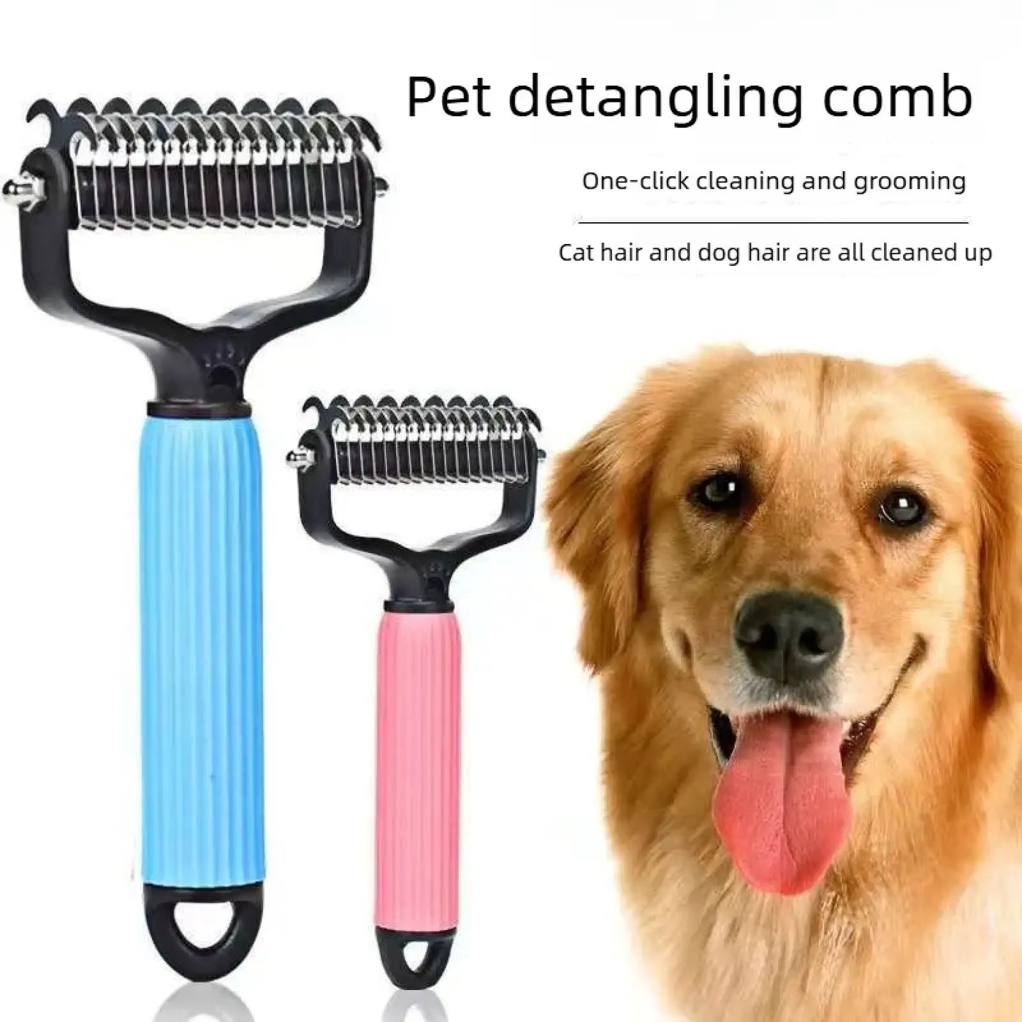 pet grooming tool, universal detangling comb for dogs, stainless steel double-sided design, effective shedding removal & matted hair tamer, practical daily dog coat maintenance supplies.