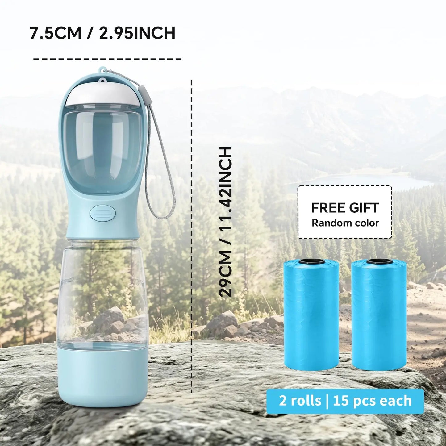 portable 3-in-1 dog water bottle, with 2 rolls waste bags (30 pcs total), food container & built-in poop bag dispenser (29cm x 7.5cm/11.42in x 2.95in) - leak-proof travel dog cup for walking, hiking, with 2 rolls waste bags (30 pcs total)