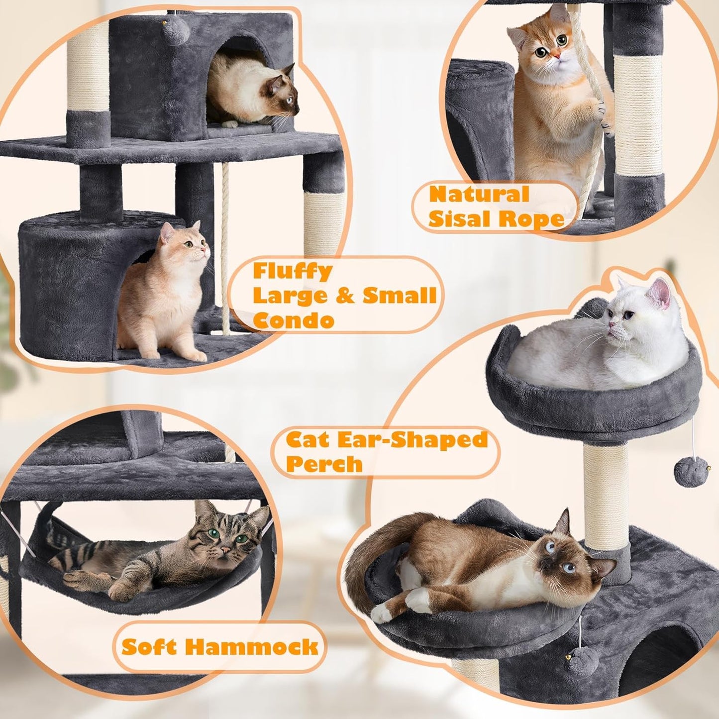 yaheetech 62.5in tall cat tree with 2 cat-ear perches & 2 condos, dark gray | multi-level cat tower with scratching posts, hammock, sturdy 24 x 19in base and 88 lb capacity for medium & large indoor cats