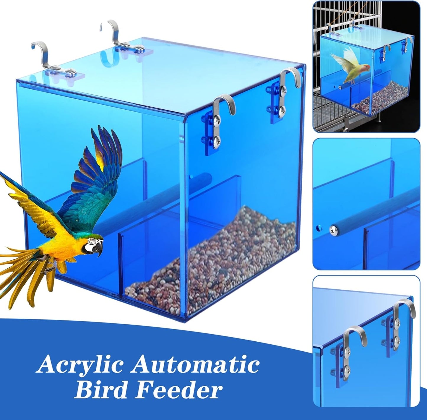 automatic bird feeder residue-free bird cage pet feeder seed & pellet container for long-tailed parrots, budgerigars, canaries, cockatiels, lovebirds acrylic material blue 6.3 x 6.3 x 6.3 inches