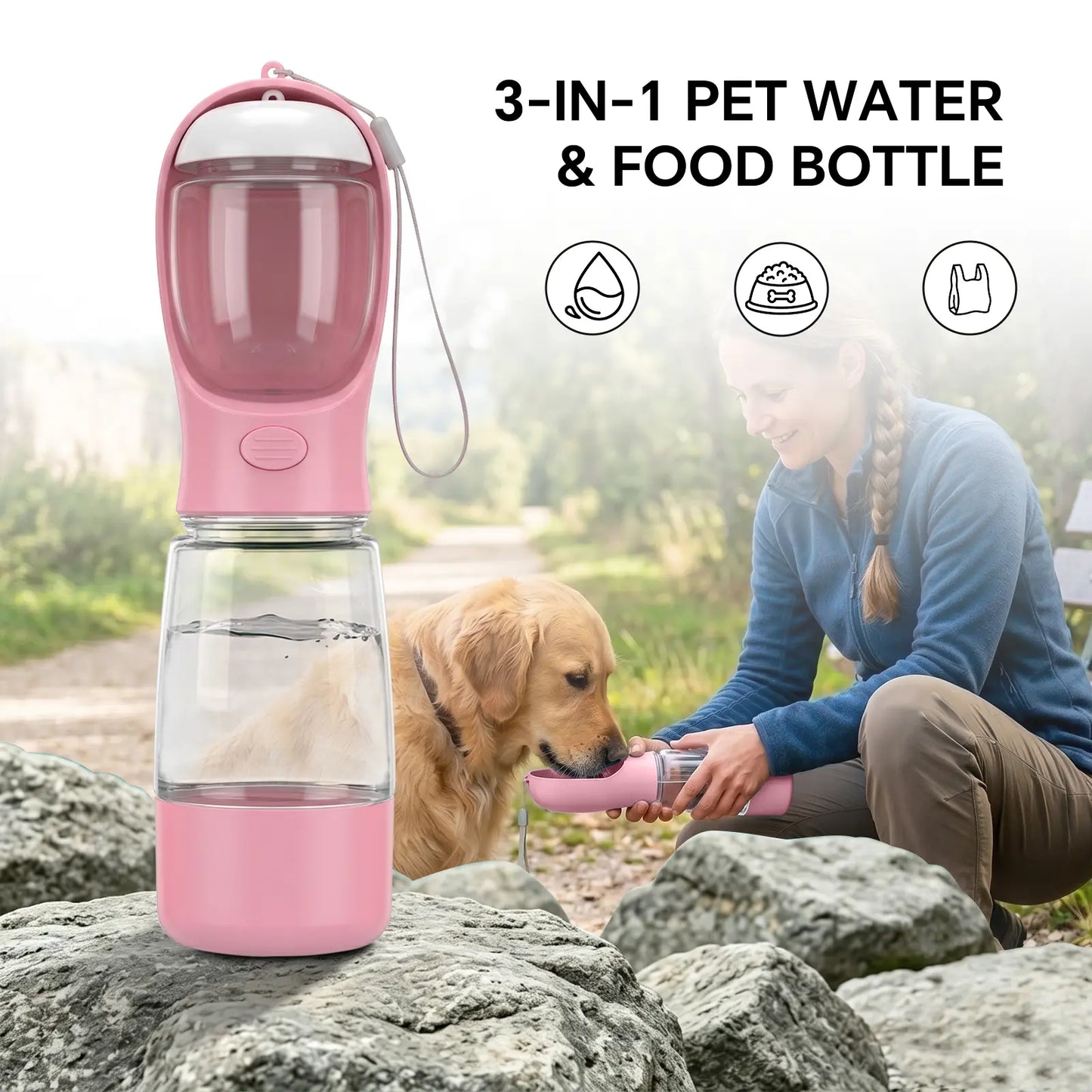 portable 3-in-1 dog water bottle, with 2 rolls waste bags (30 pcs total), food container & built-in poop bag dispenser (29cm x 7.5cm/11.42in x 2.95in) - leak-proof travel dog cup for walking, hiking, with 2 rolls waste bags (30 pcs total)