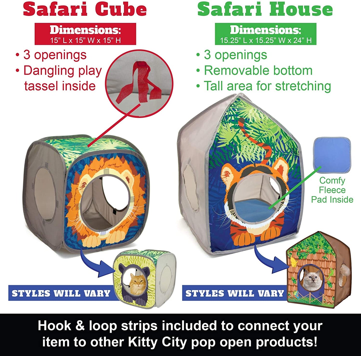 safari jungle tiger pop-up cat house, collapsible indoor cat hideout with peekaboo openings, lightweight foldable cat playhouse