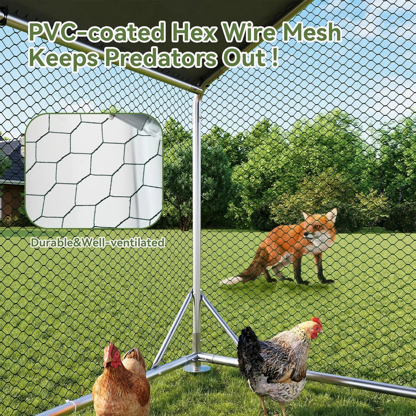 Chicken Coop Metal Large Cover Wire，Spire Peak Roof Security Lock Waterproof Outdoor Poultry Enclosure for Yard & Farm Metal Poultry Coop Chicken Cage Enclosed Enclosed Poultry Hutch