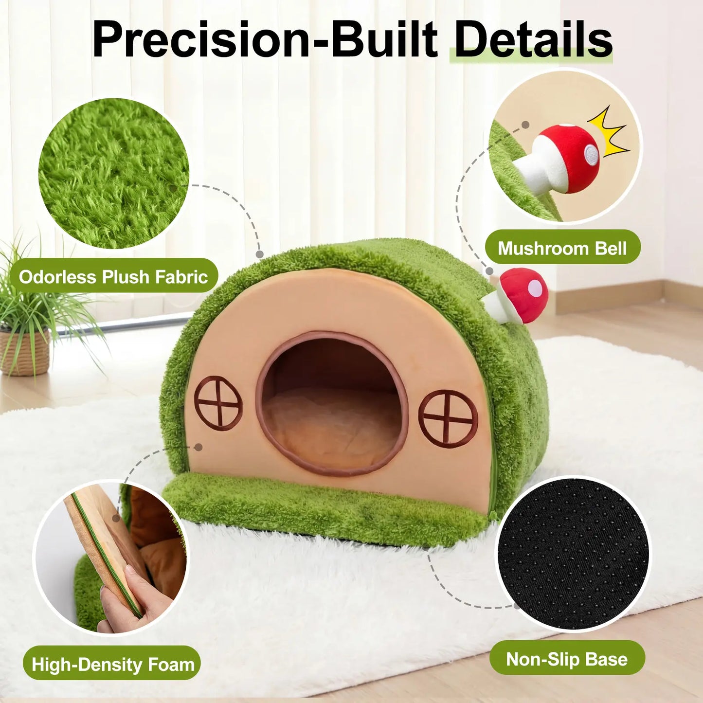 crystal velvet tree hole cat bed for indoor cats - enclosed whimsical hideaway nest tent, removable washable cushion, anti-slip bottom for kittens