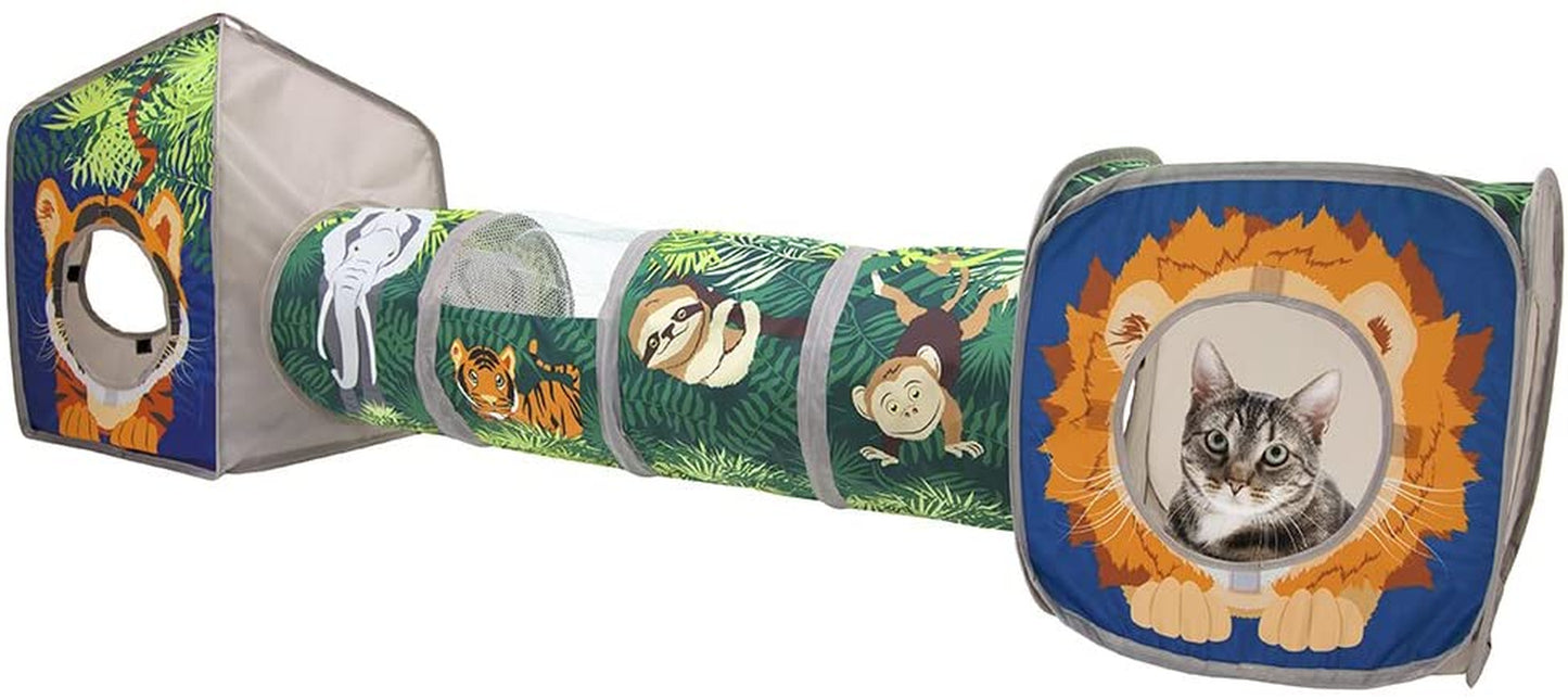 safari jungle cat play set, collapsible pop-up cat toys combo with cube, tunnel & hideout, interactive indoor kitty playhouse for exercise, hiding & lounging