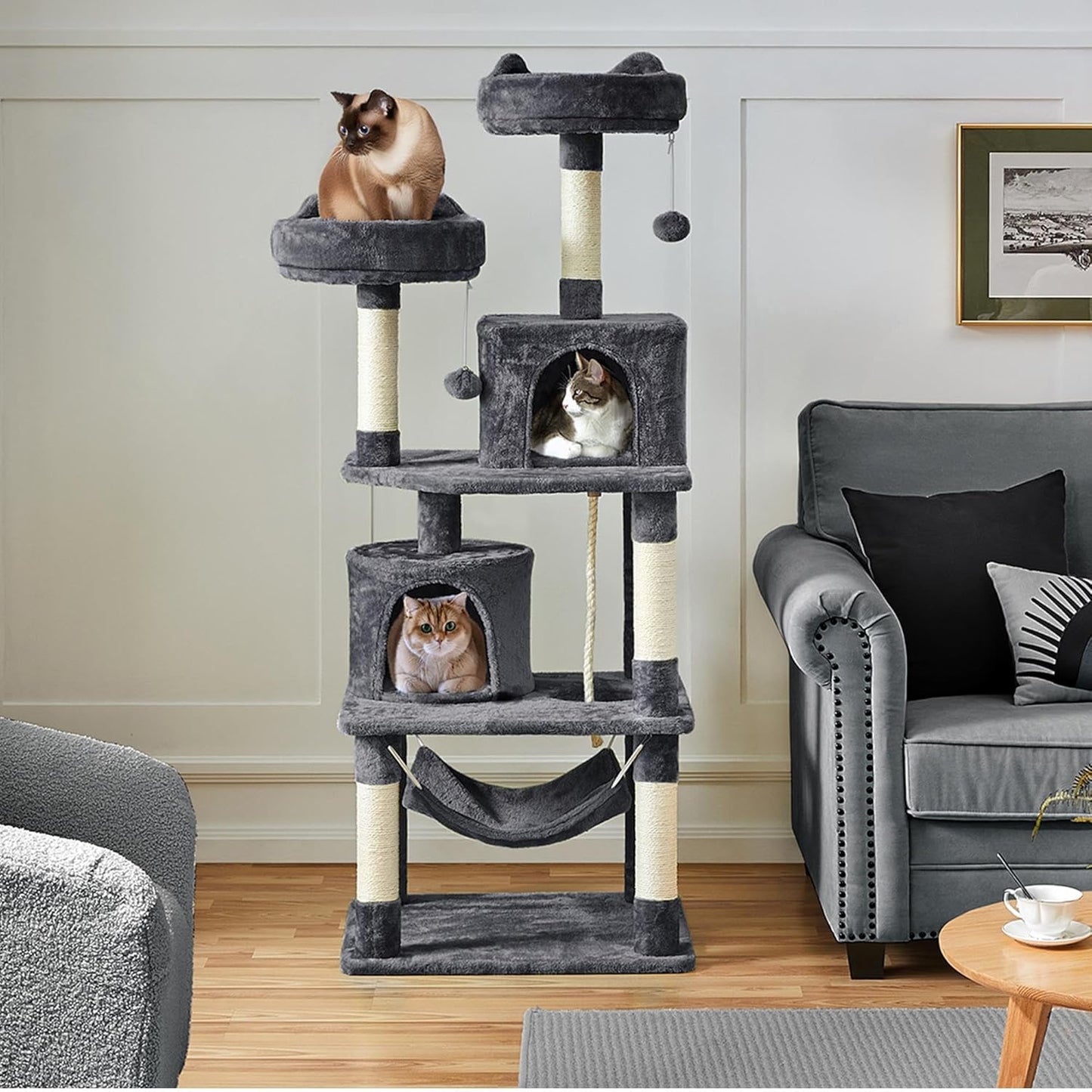yaheetech 62.5in tall cat tree with 2 cat-ear perches & 2 condos, dark gray | multi-level cat tower with scratching posts, hammock, sturdy 24 x 19in base and 88 lb capacity for medium & large indoor cats