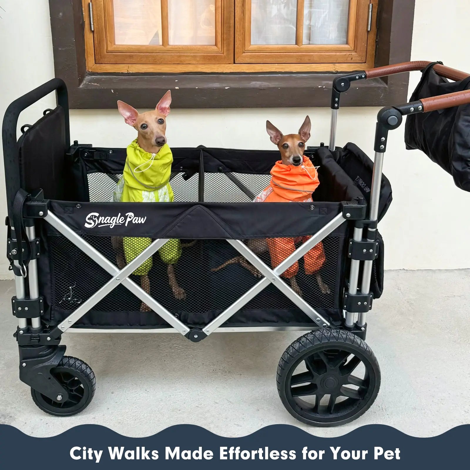 Snagle Paw Stridemate PRO Heavy-Duty Large Dog Stroller Wagon - Foldable, with Phone Holder, Safety Features, Storage Basket - for Senior, Injured & Disabled Pets, Fits 2 Dogs for Outdoor Adventures
