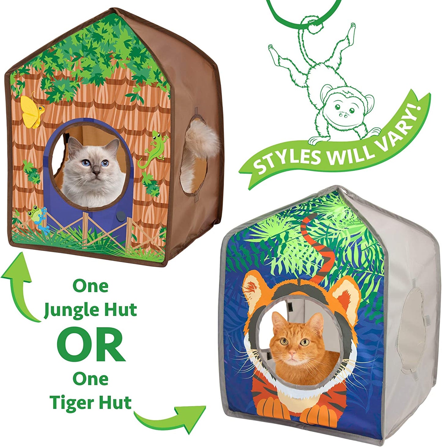 safari jungle tiger pop-up cat house, collapsible indoor cat hideout with peekaboo openings, lightweight foldable cat playhouse
